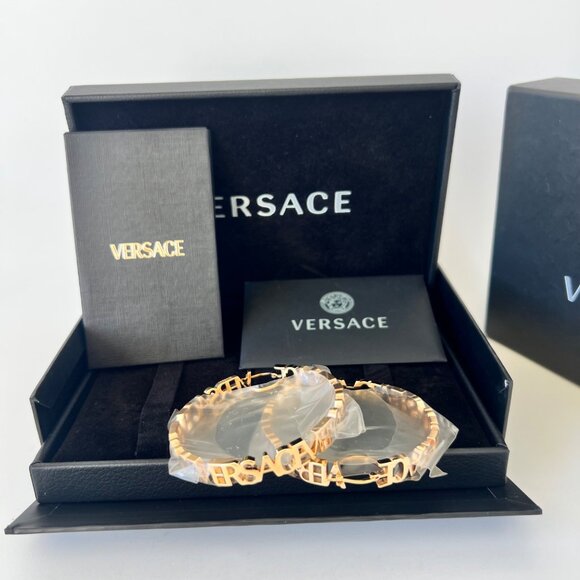 Versace Logo Hoop Earrings Gold Tone - Picture 7 of 10